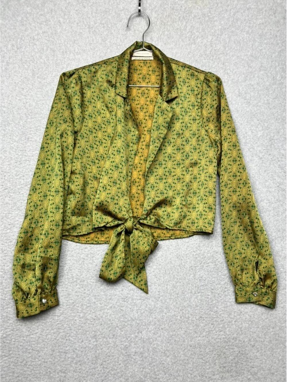 Urban Outfitters Willow Tie Front Top Green Satin Geometric Retro 70s Disco XS